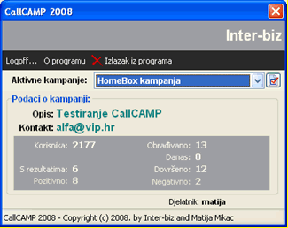 CallCamp - glavni prozor - obrada telemarketing kampanja - samo kampanje u kojima djelatnik sudjeluje